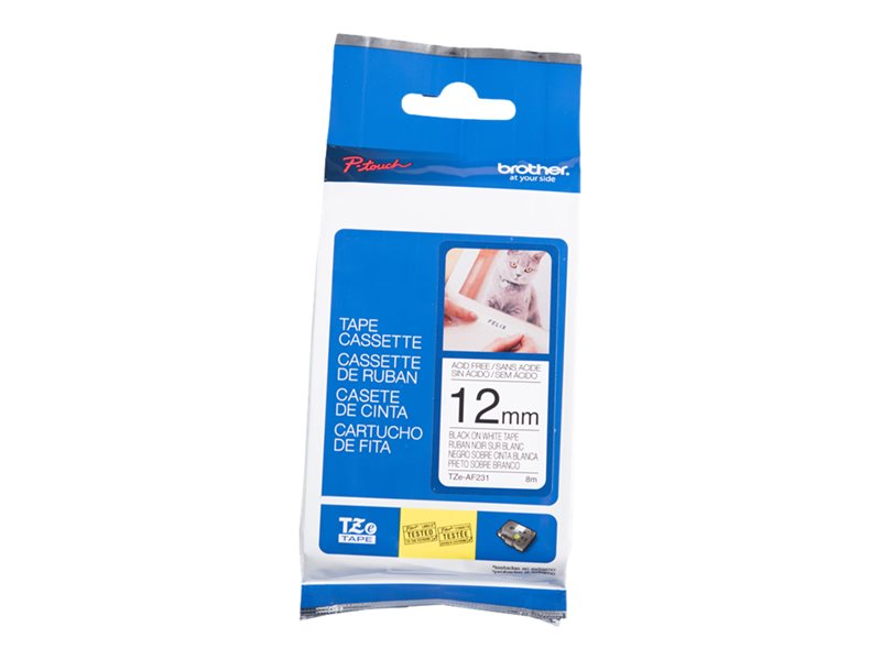 BROTHER 1/2" TZE TAPE 12MM BLK/WHITE ACID FREE