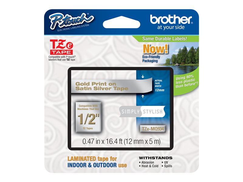 BROTHER 1/2" TZE TAPE 12MM GOLD ON SATIN SILVR