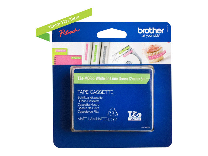 BROTHER 1/2" TZE TAPE 12MM WHITE ON LIME GREEN