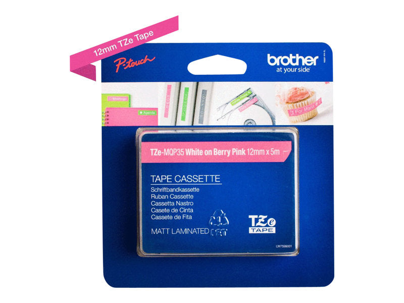 BROTHER 1/2" TZE TAPE 12MM WHITE ON BERRY PINK