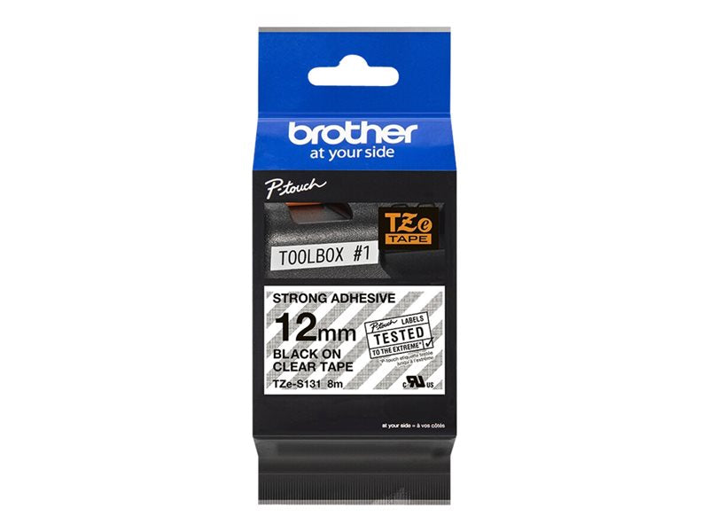 BROTHER 1/2" TZE TAPE 12MM BLK ON CLEAR ADHSV