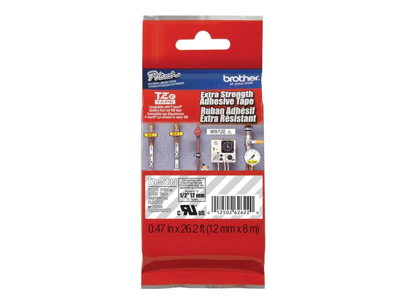 BROTHER 1/2" TZE TAPE 12MM WHT ON CLEAR ADHSV