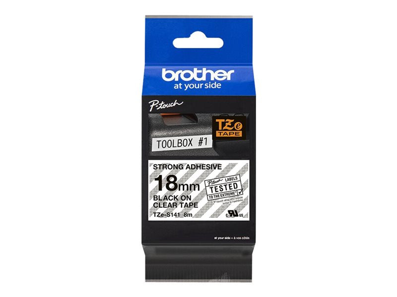 BROTHER 3/4" TZE TAPE 18MM BLK ON CLEAR ADHSV